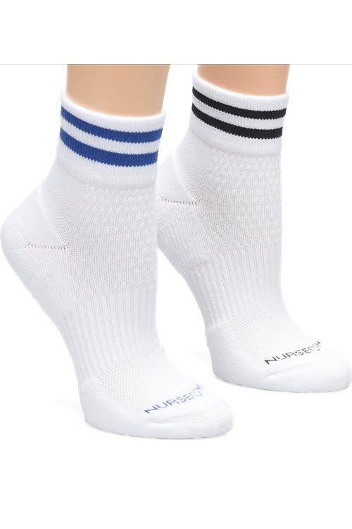 Nurse Mates quarter-top compression socks in white with varsity stripe accent | 15mmHg graduated compression therapy | Arch support and moisture management | Ideal for nurses, veterinary staff, dental professionals.
