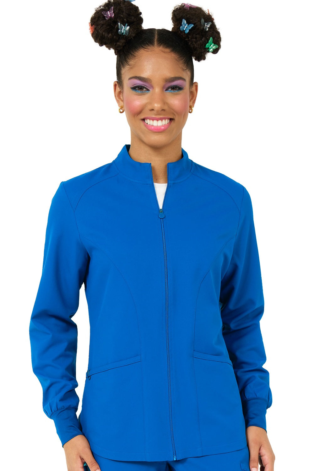 Royal blue Zavate Studio Comfort medical jacket 2056 with knit cuffs, zippered front closure and functional pockets for healthcare workers.