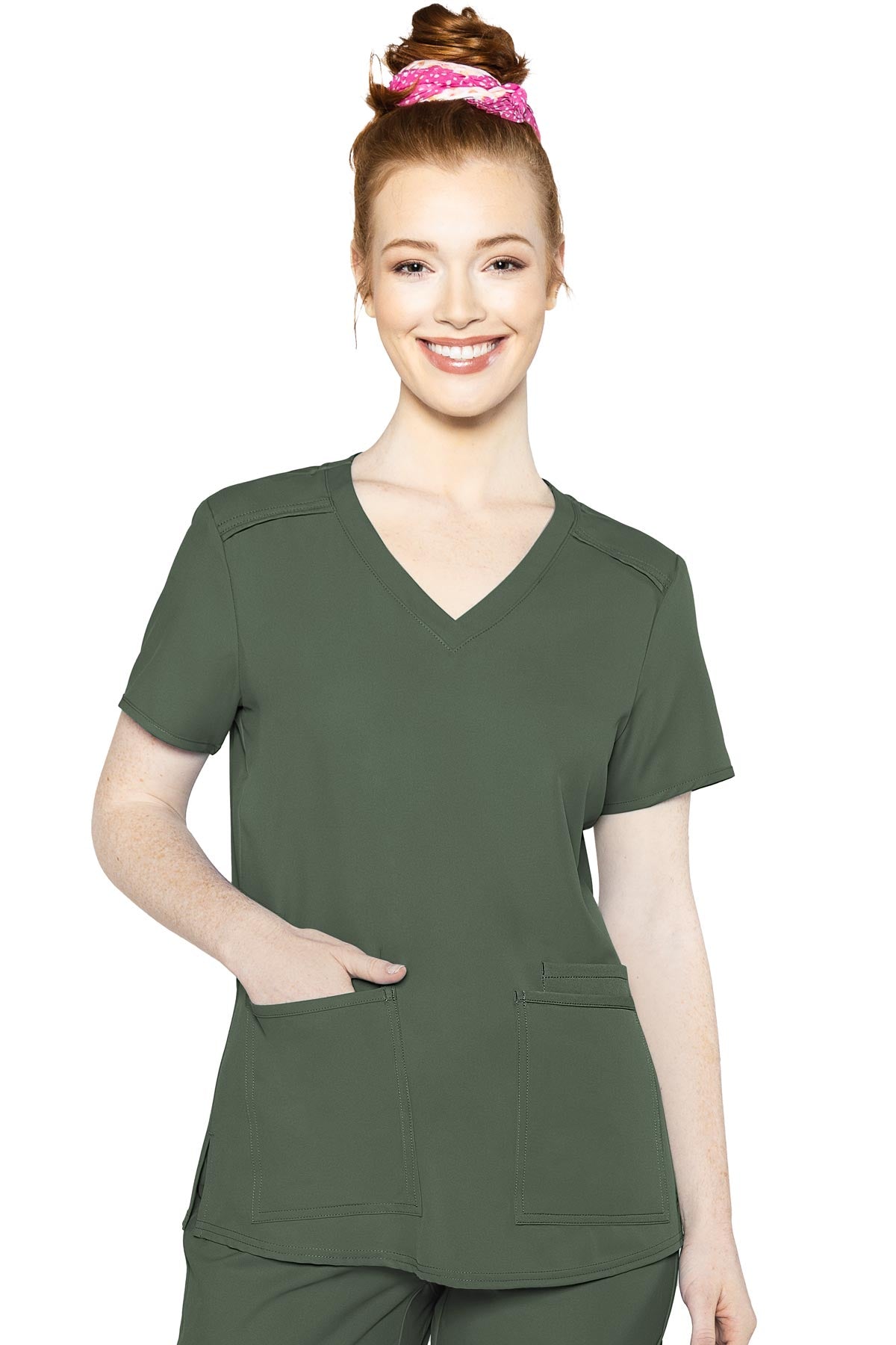 Med Couture Scrub Top Insight Classic V-Neck 3 Pocket in Olive at Parker's Clothing & Scrubs.