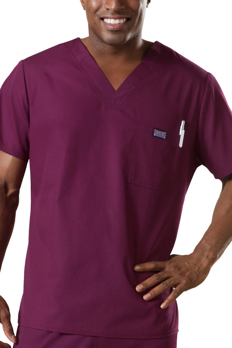Cherokee Mens Scrub Top Workwear Originals in Wine at Parker's Clothing & Scrubs