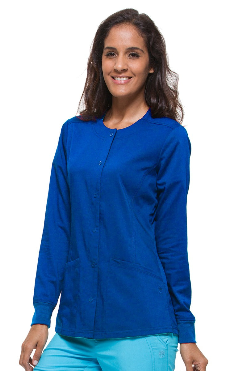 Healing Hands Scrub Jacket Purple Label Daisy Snap Front in Galaxy Blue at Parker's Clothing & Scrubs.
