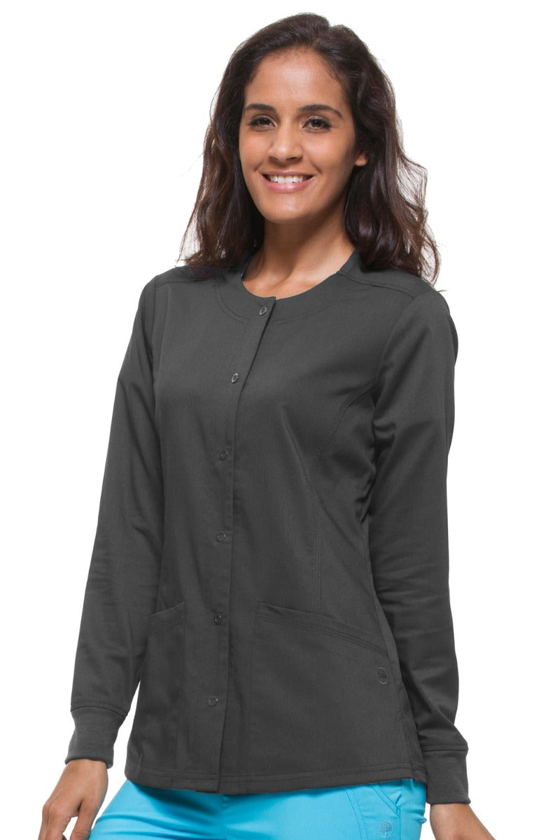 Healing Hands Scrub Jacket Purple Label Daisy Snap Front in Pewter at Parker's Clothing & Scrubs