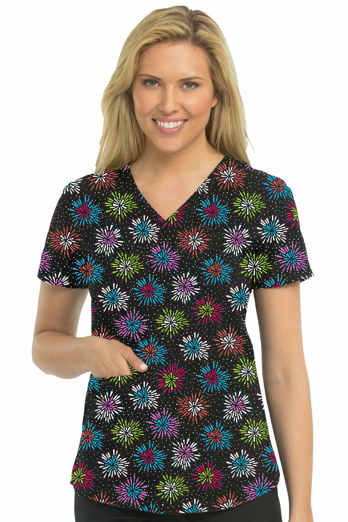 Med Couture Serena V-Neck Print Top in Flower Explosion at Parker's Clothing & Scrubs.