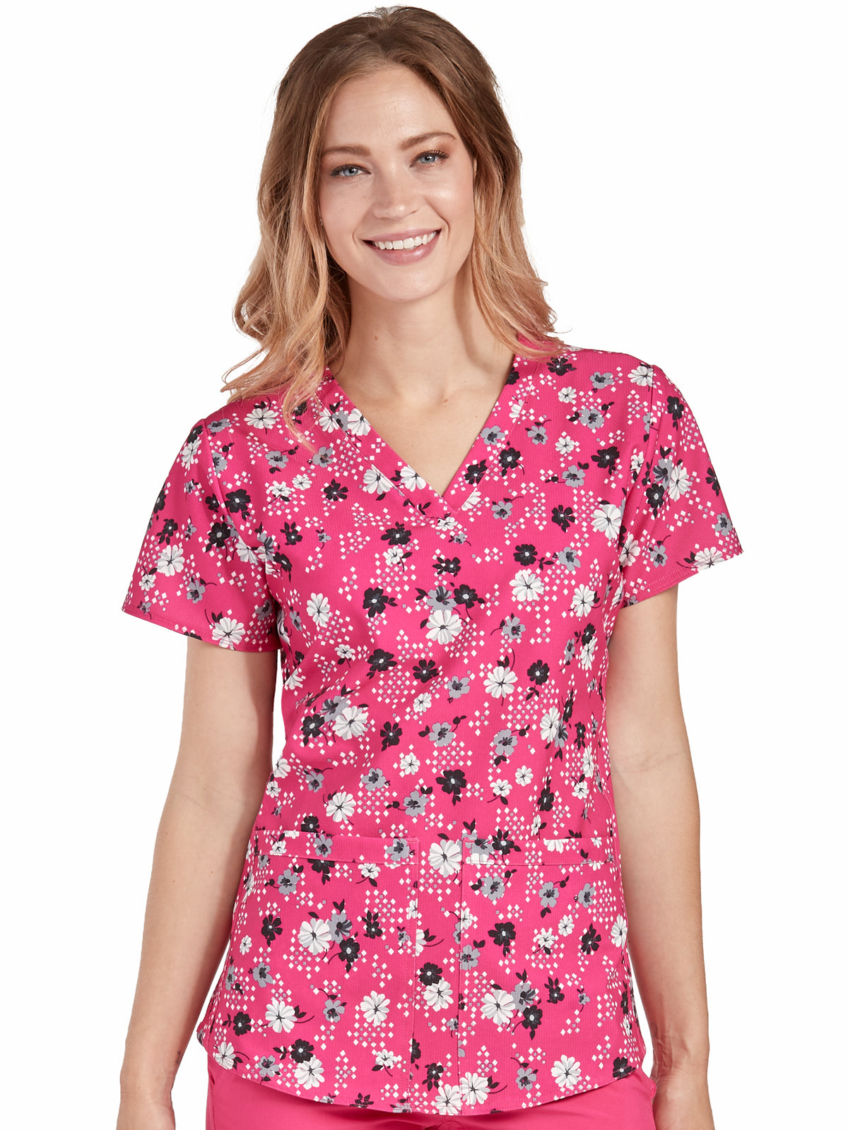 Med Couture Serena V-Neck Print Top Floral in Pink Punch at Parker's Clothing & Scrubs.