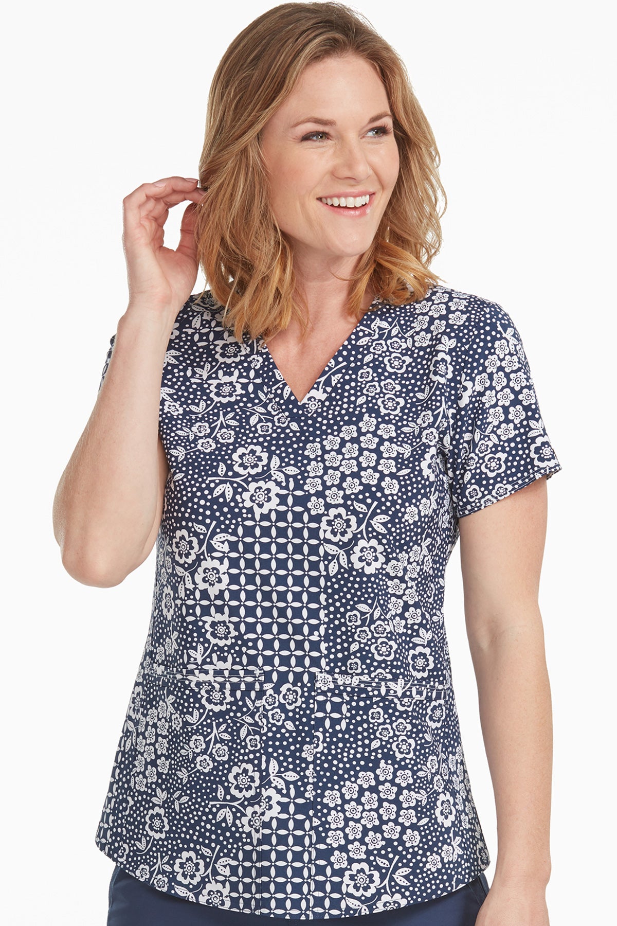 Med Couture Serena V-Neck Print Top in Easy Navy at Parker's Clothing & Scrubs.