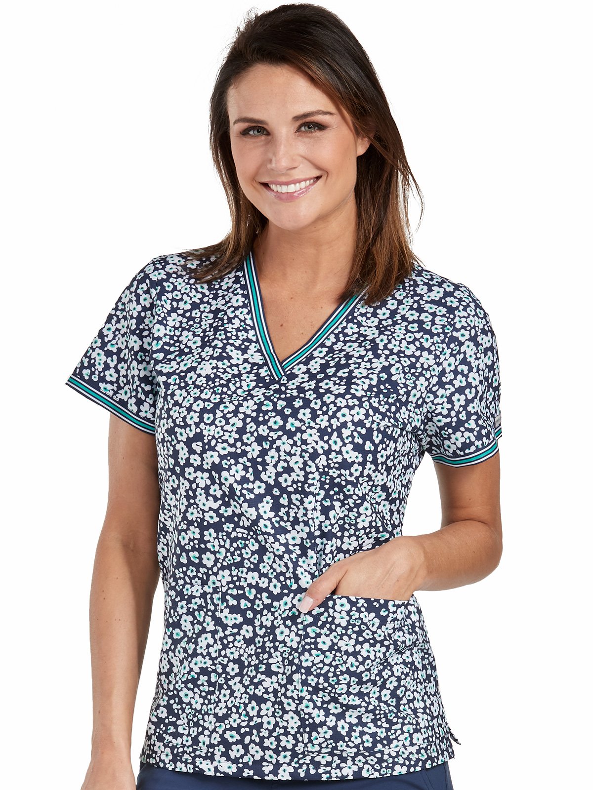 Med Couture Scrub Top Prints Navy Daisies at Parker's Clothing & Scrubs.