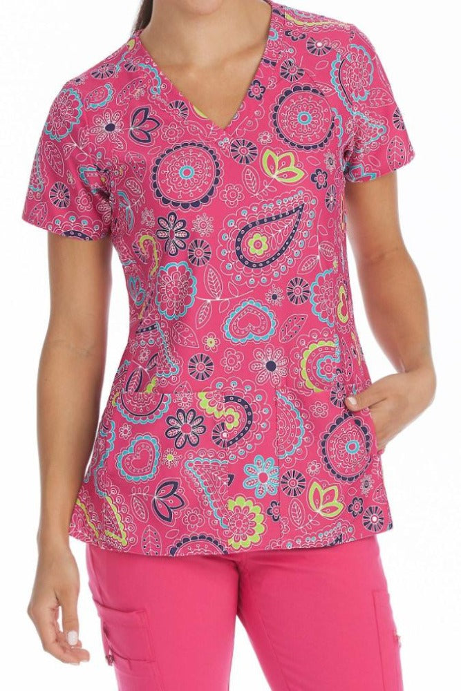 Med Couture Activate Pink Bloom V-Neck Print Scrub Top at Parker's Clothing & Scrubs.