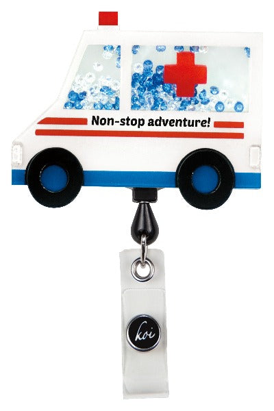 Koi Ambulance Badge Reel with retractable cord and snap badge holder at Parker's Clothing & Scrubs.