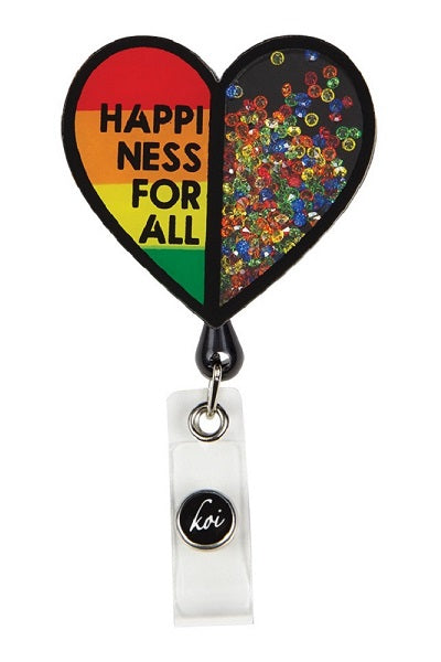 Koi Happiness For All Badge Reel with retractable cord and snap badge holder at Parker's Clothing & Scrubs.