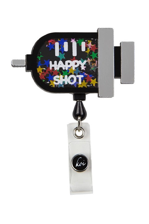 Koi Happy Shot Badge Reel with retractable cord and snap badge holder at Parker's Clothing & Scrubs.