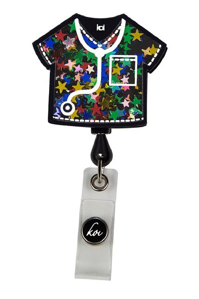 Koi Rainbow Scrub Badge Reel with retractable cord and snap badge holder at Parker's Clothing & Scrubs.