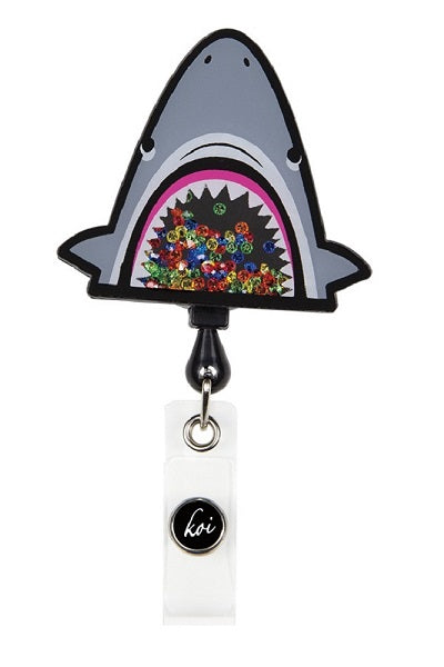 Koi Shark Badge Reel with retractable cord and snap badge holder at Parker's Clothing & Scrubs.