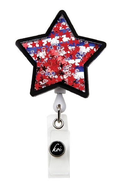 Koi Star Badge Reel with retractable cord and snap badge holder at Parker's Clothing & Scrubs.