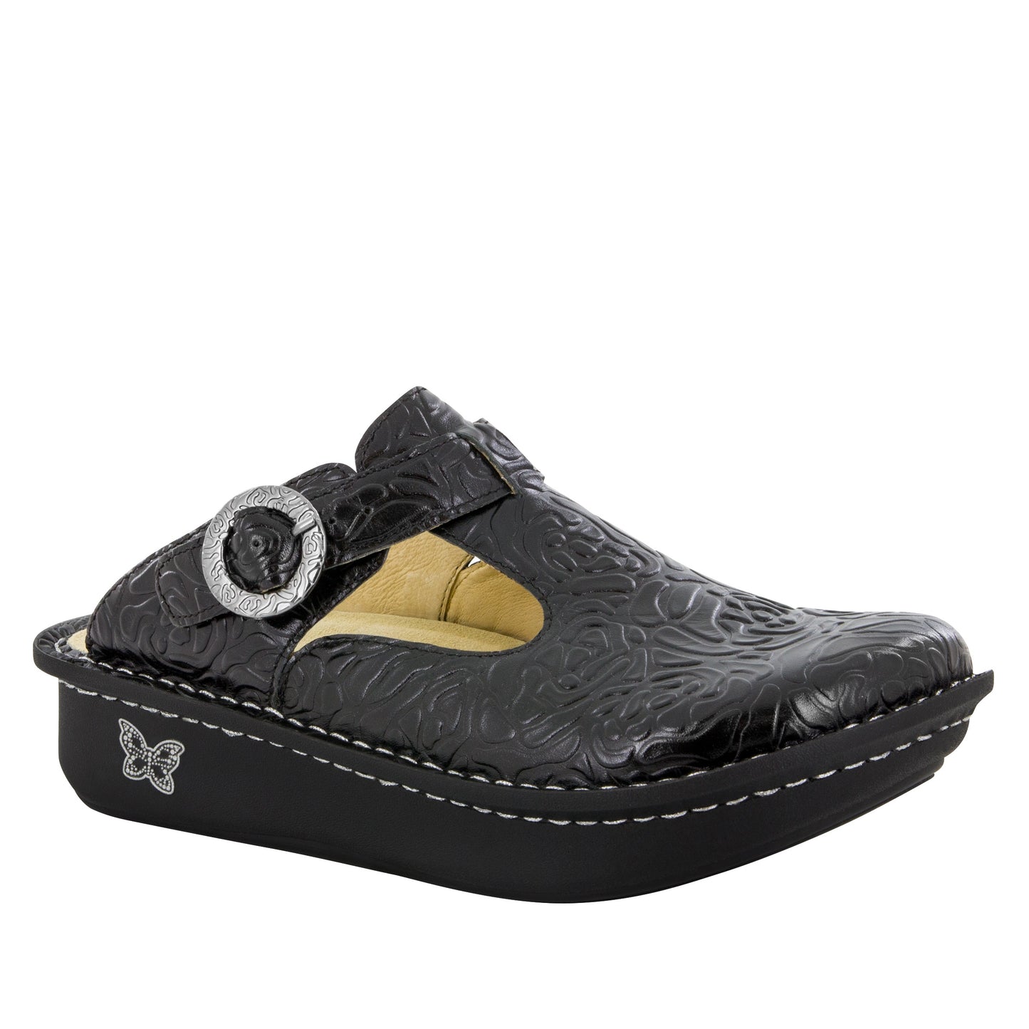 Alegria Classic Black Embossed Rose Clog available at Parker's Clothing & Scrubs.