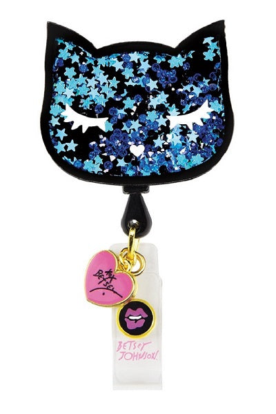 koi Betsey Johnson Cat Shaker Badge Reel with retractable cord and snap badge holder at Parker's Clothing & Scrubs.