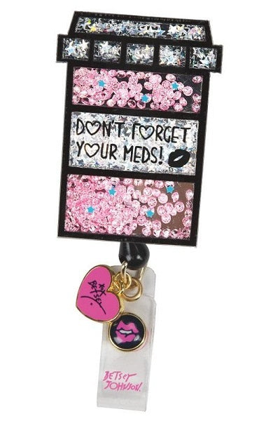 koi Betsey Johnson Pill Box Badge Reel with retractable cord and snap badge holder at Parker's Clothing & Scrubs.