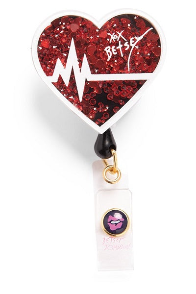koi Betsey Johnson EKG Heart Badge Reel with retractable cord and snap badge holder at Parker's Clothing & Scrubs.
