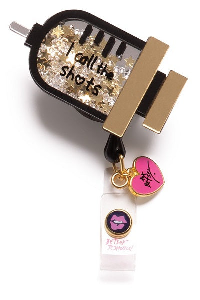 koi Betsey Johnson Syringe Badge Reel with retractable cord and snap badge holder at Parker's Clothing & Scrubs.