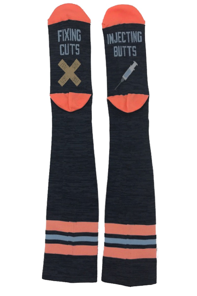 Cutieful Compression Socks Novelty patterns in 15-20 mmHG moderate compression at Parker's Clothing & Scrubs. Pattern is Fixing Cuts Injecting Butts.