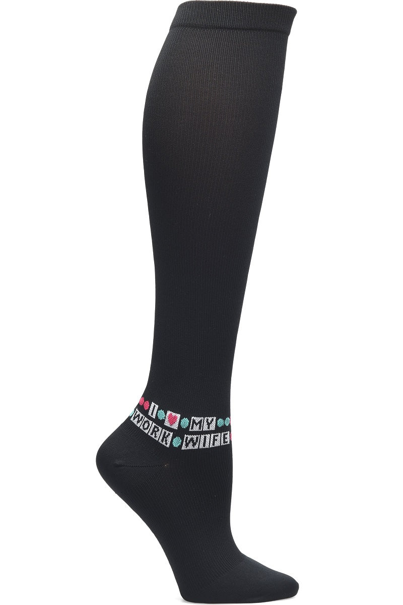 Nurse Mates I Love My Work Wife compression socks with heart message - 12-14 mmHg graduated compression for regular calves up to 17 inches, friendship-themed design for nurses and medical staff