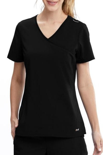 Motion by Barco Scrub Top Aria Mock Wrap in Black at Parker's Clothing and Shoes.