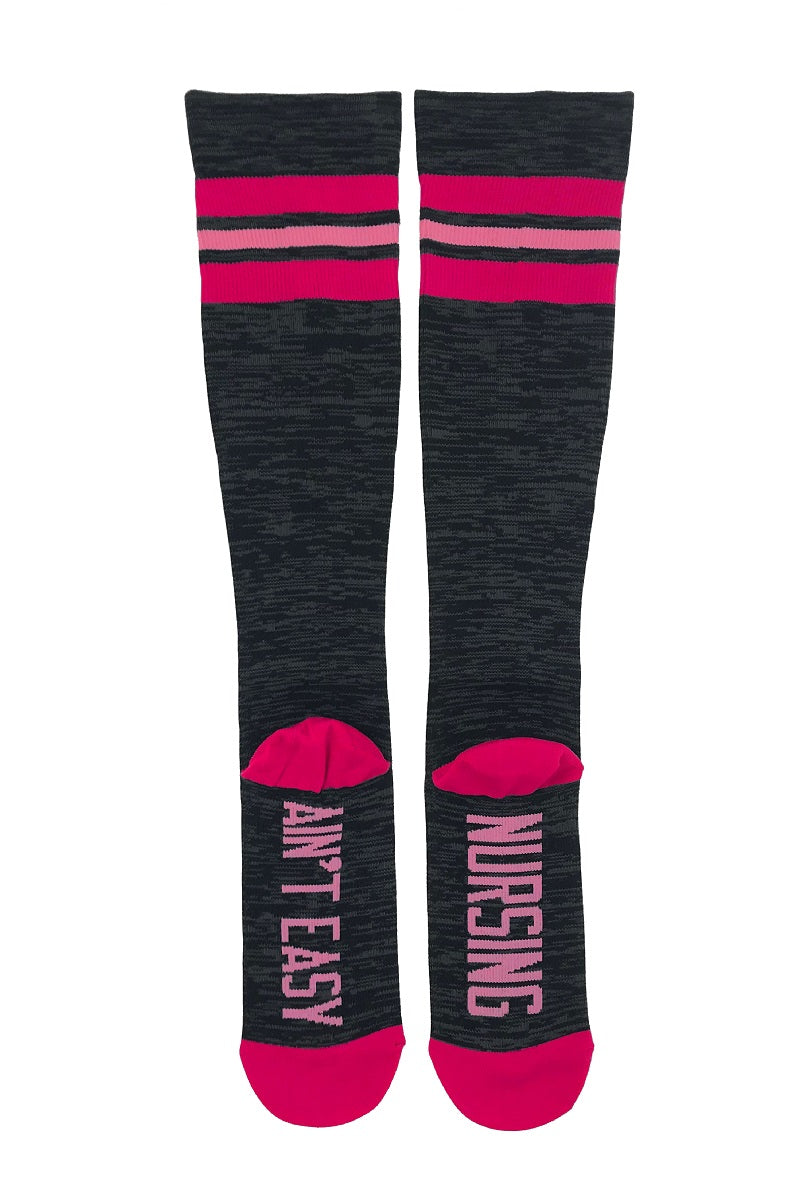 Cutieful Compression Socks Novelty patterns in 15-20 mmHG moderate compression at Parker's Clothing & Scrubs. Pattern is Nursing Ain't Easy.