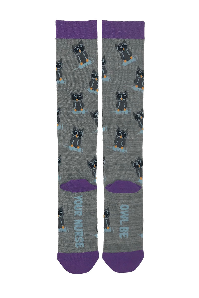 Cutieful Compression Socks Novelty patterns in 15-20 mmHG moderate compression at Parker's Clothing & Scrubs. Pattern is Owl Be Your Nurse.