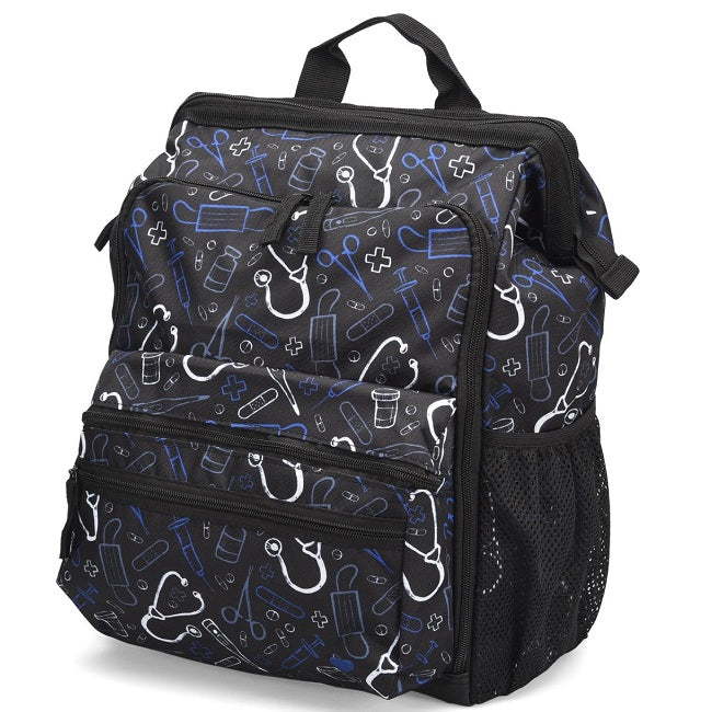 Nurse Mates Ultimate Nursing Backpack in Black Medical Patterns at Parker's Clothing & Scrubs. The ultimate backpack for any student or traveling medical professional.