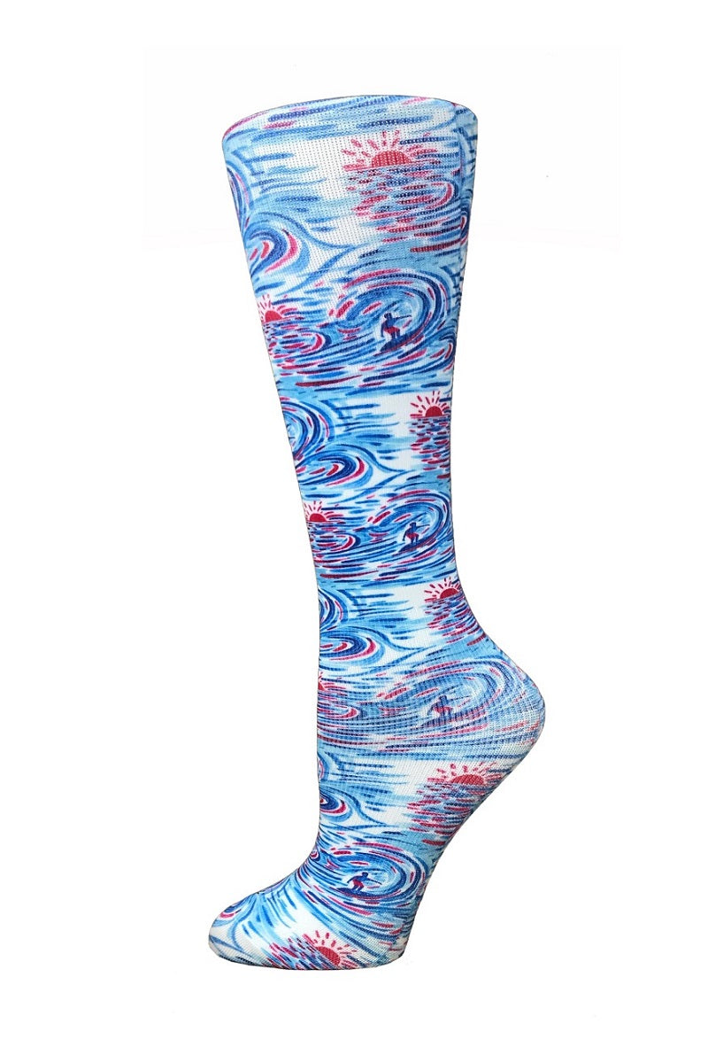Cutieful Mild Compression Socks Sheer 8-15 mmHg in pattern Surf's Up at Parker's Clothing and Shoes.