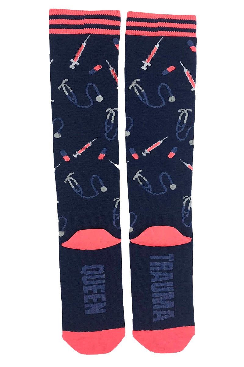 Cutieful Compression Socks Novelty patterns in 15-20 mmHG moderate compression at Parker's Clothing & Scrubs. Pattern is Trauma Queen.