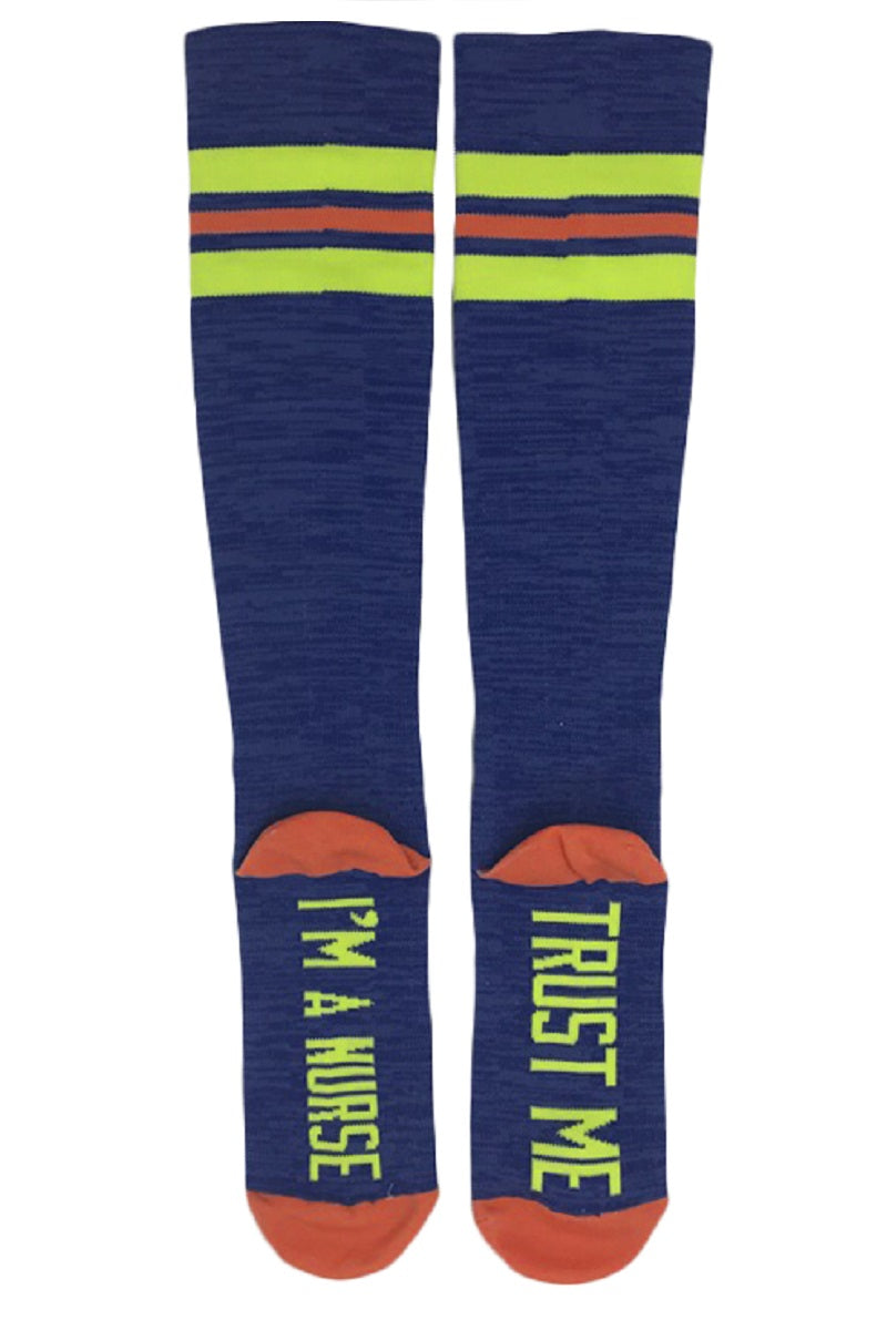 Cutieful Compression Socks Novelty patterns in 15-20 mmHG moderate compression at Parker's Clothing & Scrubs. Pattern is Trust Me I'm A Nurse.