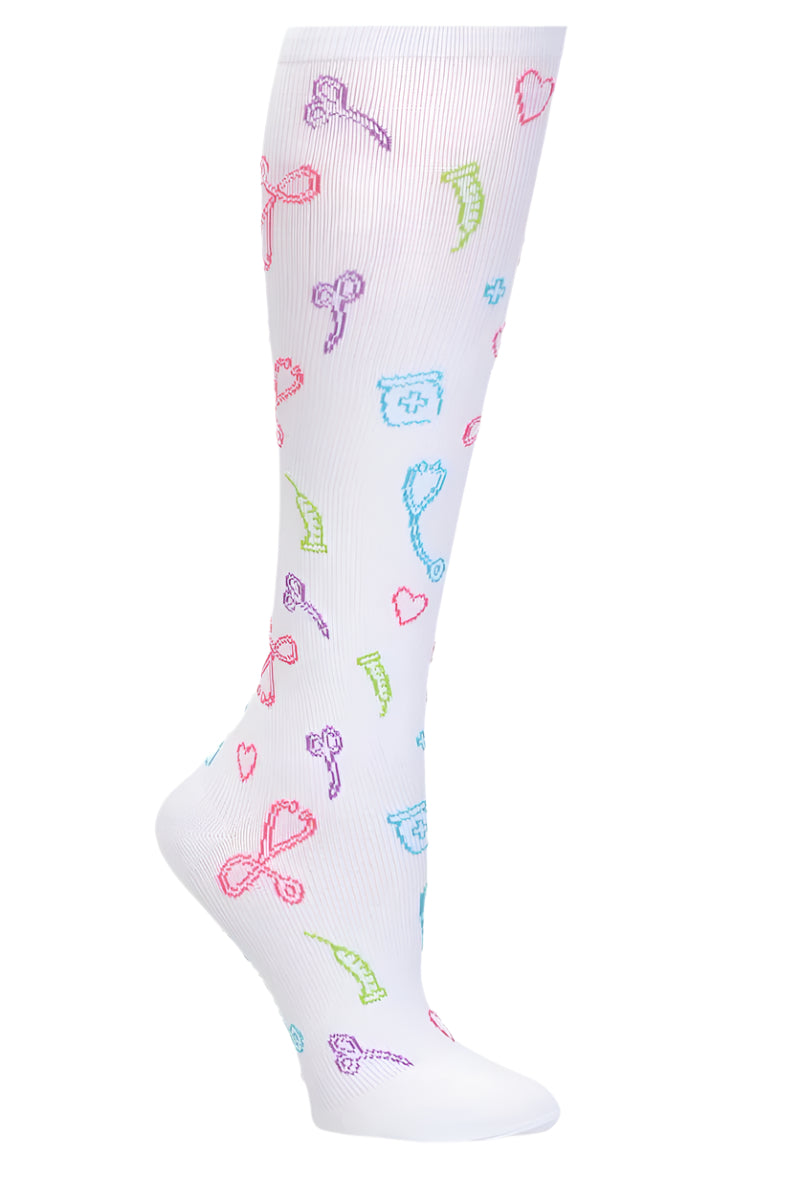 Nurse Mates wide calf compression socks in white with medical symbols pattern including stethoscopes and hearts, 12-14 mmHg graduated compression, fits calves up to 22 inches, healthcare professional support hosiery.