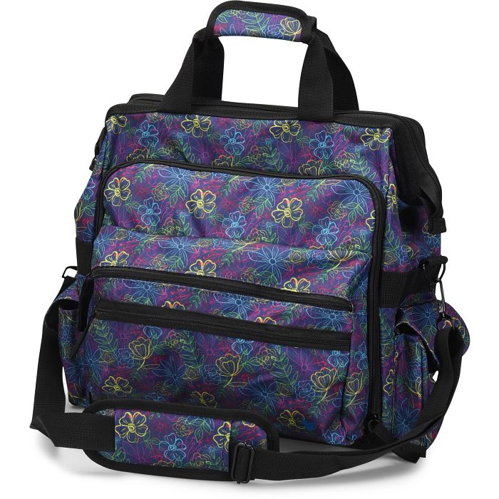 Nurse Mates Ultimate Nursing Bag in Vibrant Garden floral print - colorful water-resistant healthcare bag with slip-resistant bottom, laptop sleeve, and spacious storage for nurses and veterinary technicians