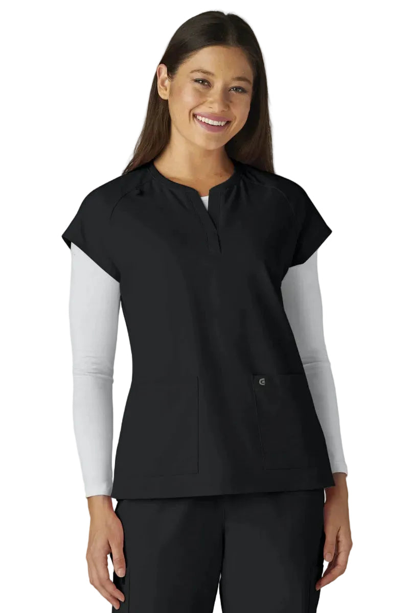 koi Cureology Reese C102 Women's Scrub Top in Black — moisture-wicking stretch twill for healthcare professionals