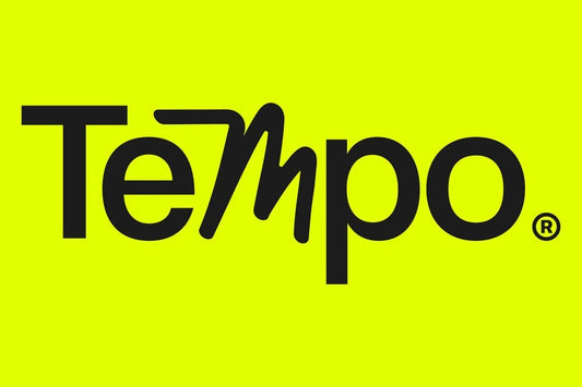 Tempo scrubs logo in black on a bright lime-green background.
