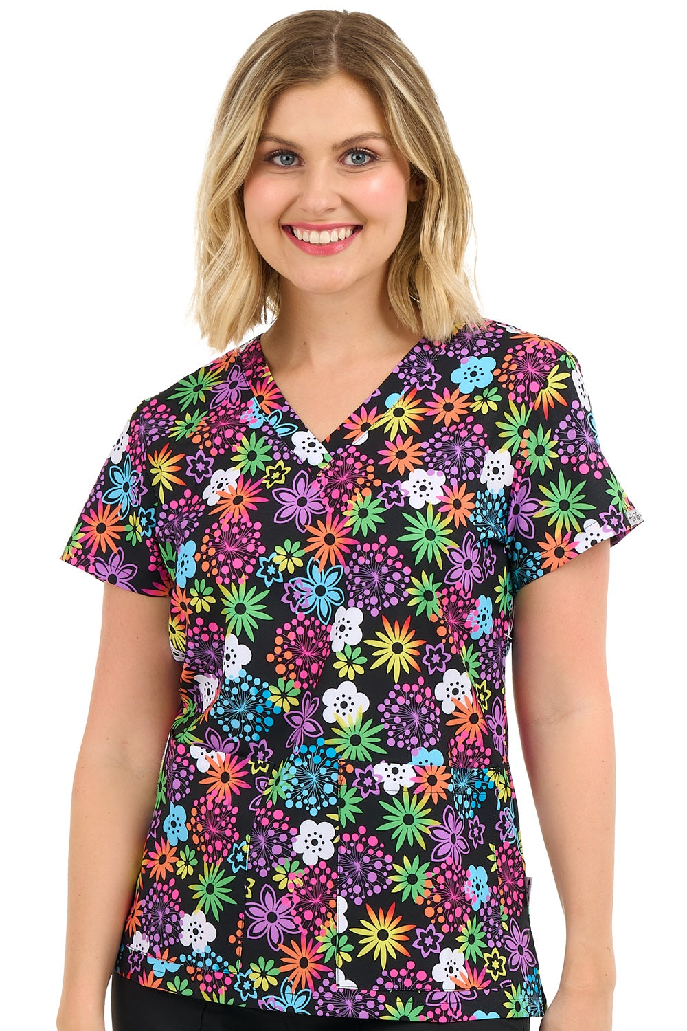 Zavate Audrey Scrub Top in Print Pattern Electric Hues at Parker's Clothing & Scrubs.