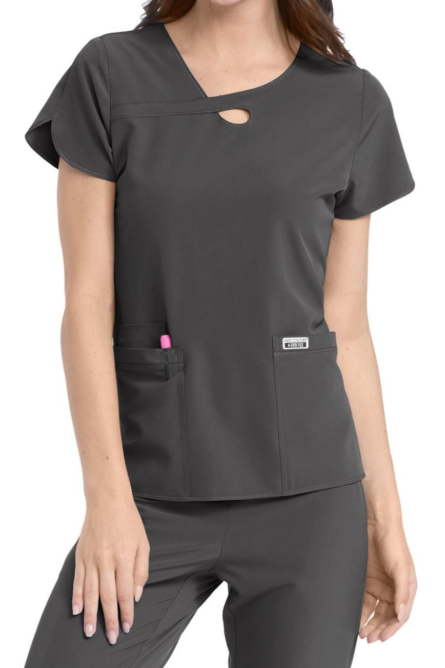 Med Couture Scrub Top 4-Ever Flex Lola Keyhole in Pewter at Parker's Clothing & Scrubs.