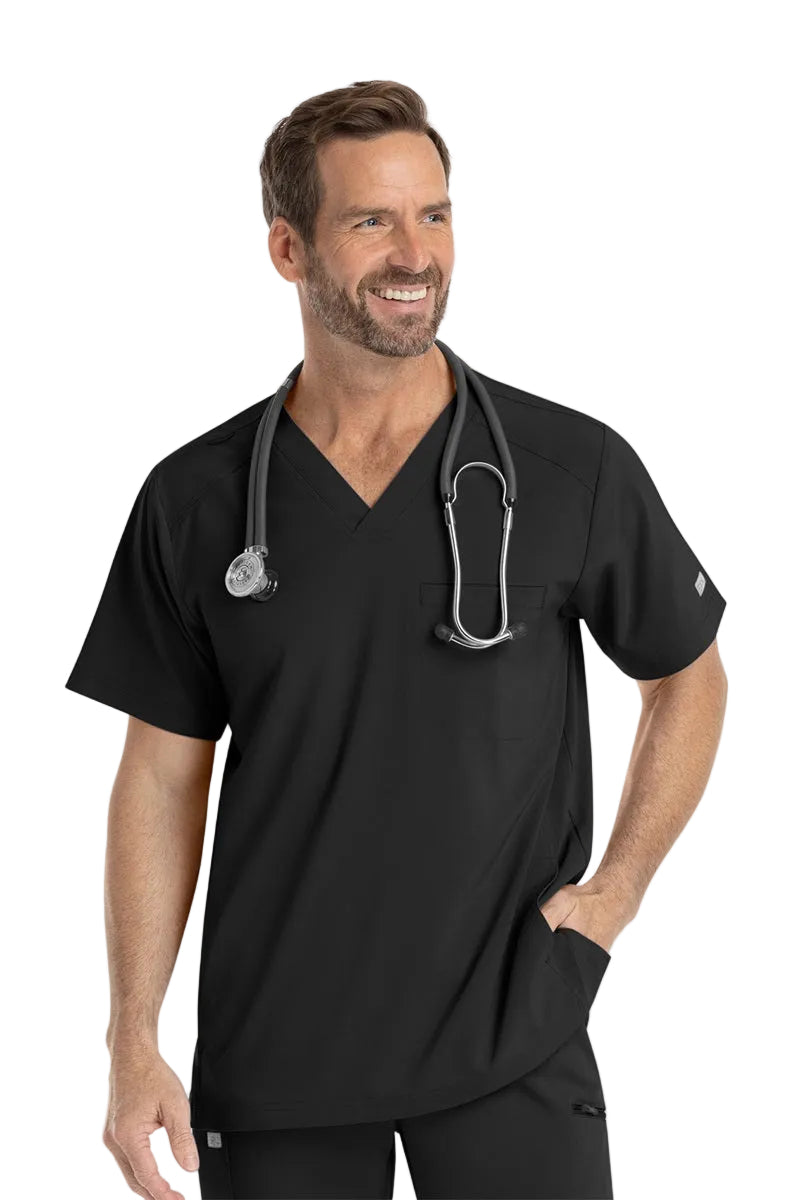 IRG EPIC 4851 men's scrub top in black - tailored fit, chest pocket, side slash pockets.