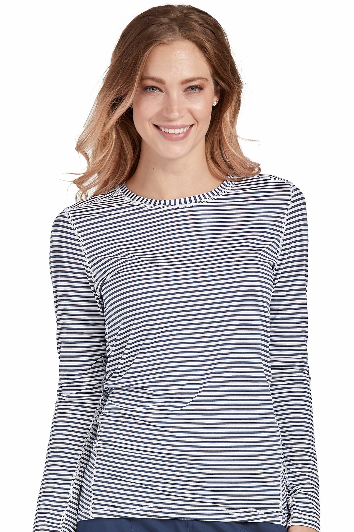 Med Couture Activate Performance Scrub Tee in Navy White stripes at Parker's Clothing & Scrubs.