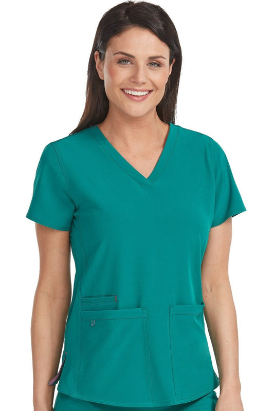 Med Couture Scrub Top Energy Serena Shirttail Hem V-neck in Hunter Green at Parker's Clothing & Scrubs.