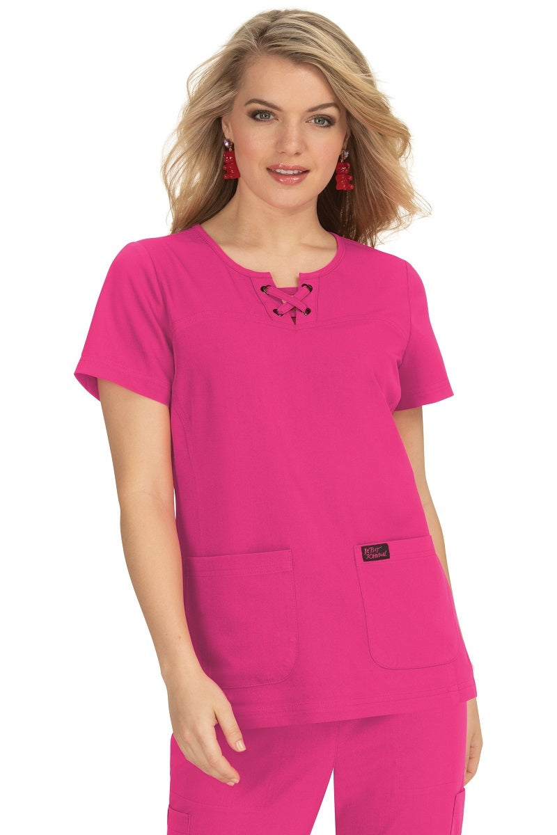 Betsey Johnson Scrub Top Clover in Flamingo at Parker's Clothing & Scrubs.