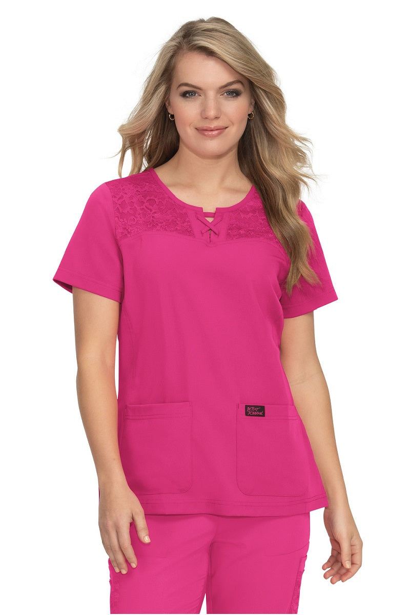 Betsey Johnson Scrub Top Cherry in Flamingo at Parker's Clothing & Scrubs.