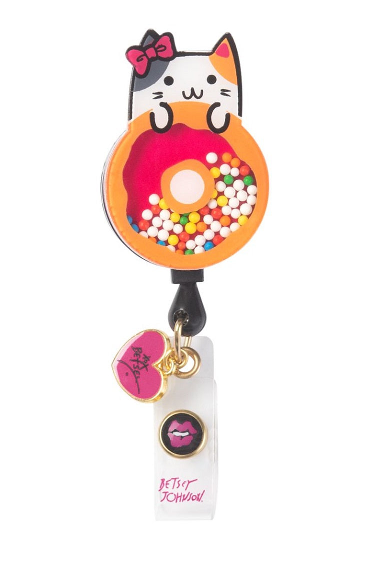 koi Betsey Johnson Donut Kitty Shaker Badge Reel with retractable cord and snap badge holder at Parker's Clothing and Shoes.