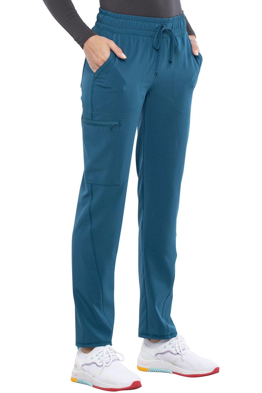 Cherokee Allura CKA184 tapered leg scrub pants in Caribbean blue - mid-rise drawstring medical scrubs for healthcare professionals.