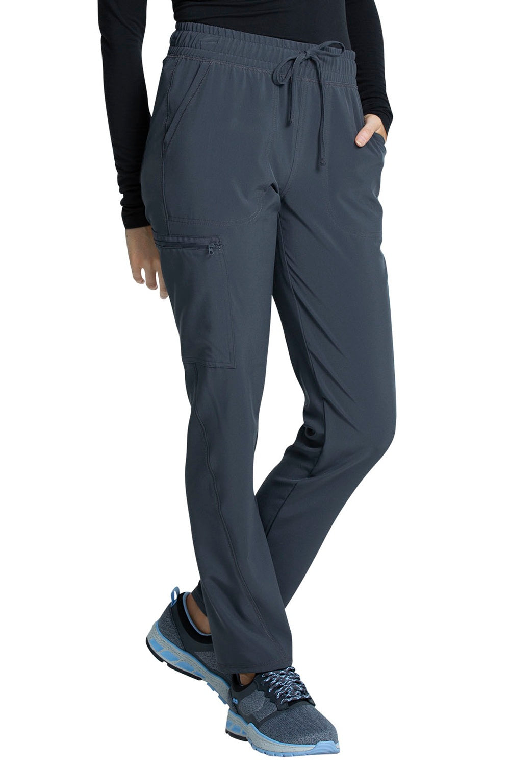 Cherokee Allura CKA184 tapered leg scrub pants in pewter grey - mid-rise drawstring medical scrubs for healthcare professionals.