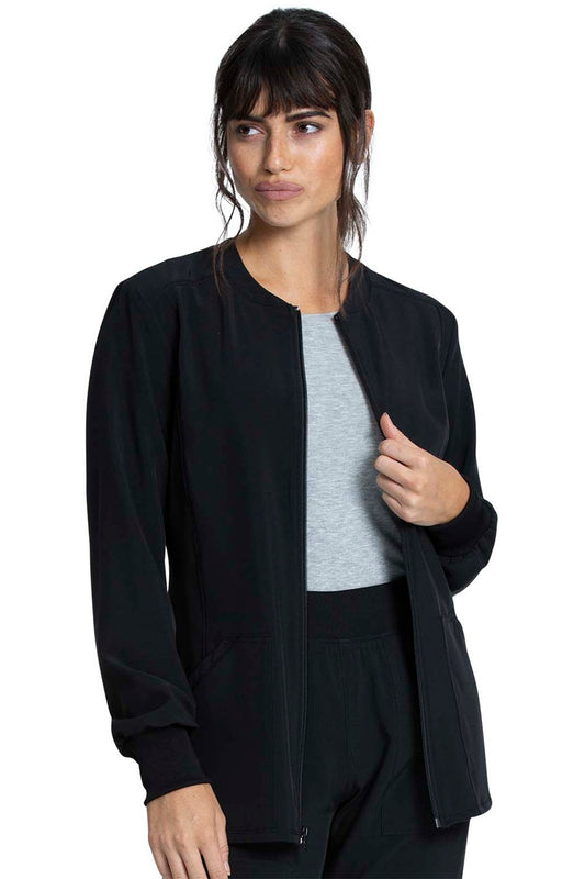 Cherokee Allura zip front scrub jacket in black, style CKA384 – professional medical apparel with modern fit.