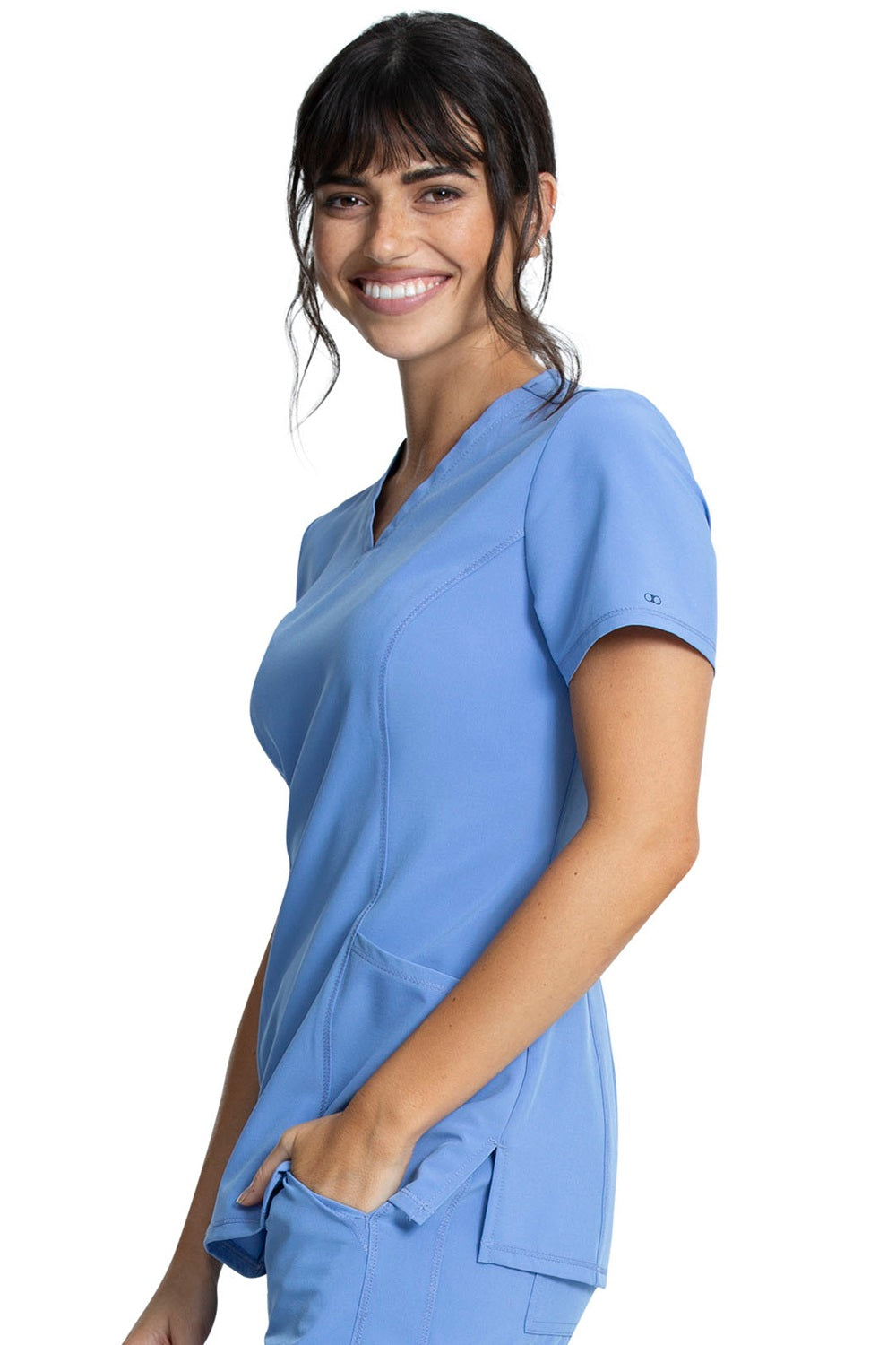 Cherokee Allura CKA684 V-Neck scrub top in Ciel Blue - 4-way stretch moisture-wicking medical scrubs for women healthcare professionals.