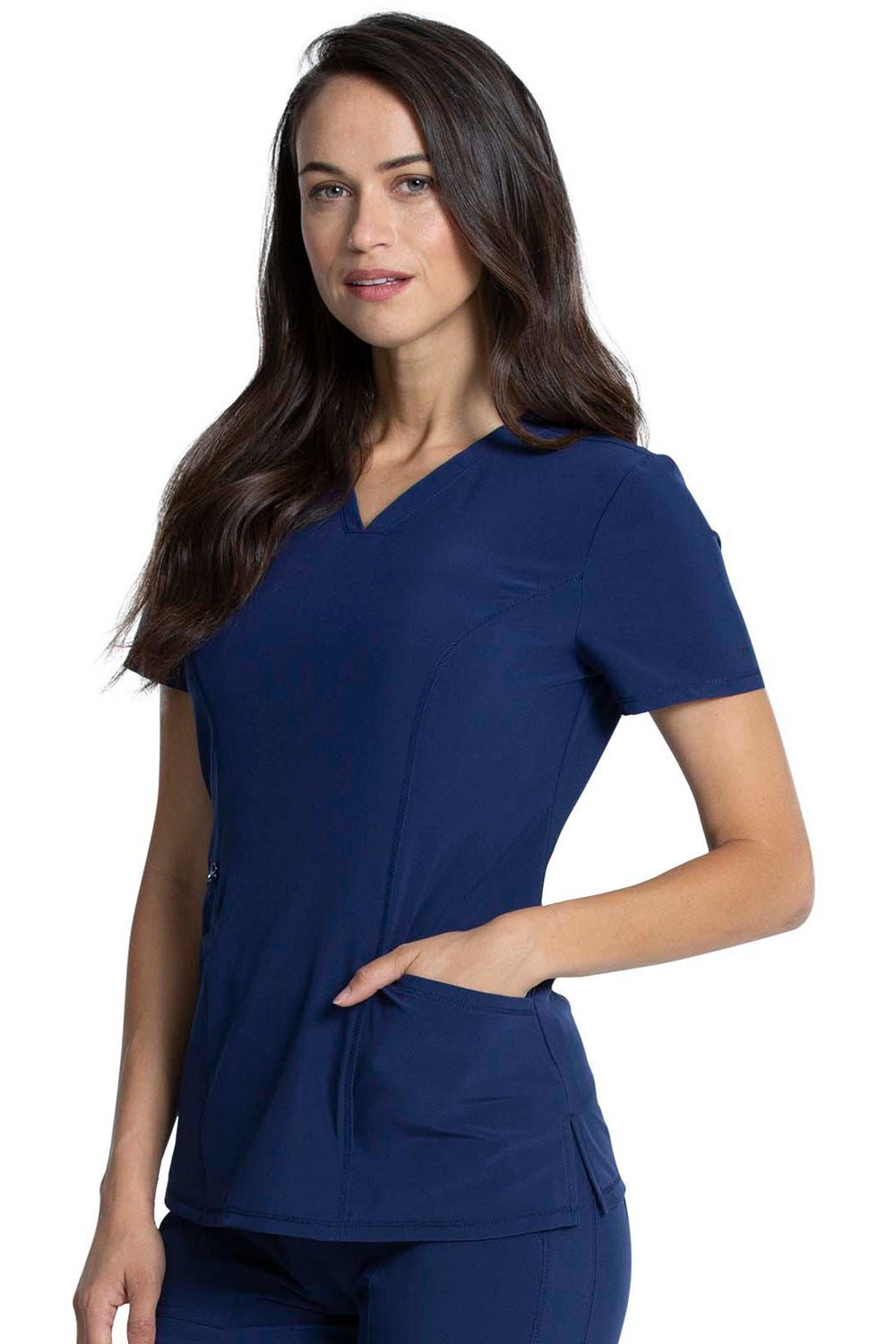 Cherokee Allura CKA684 V-Neck scrub top in Navy Blue - 4-way stretch moisture-wicking medical scrubs for women healthcare professionals.