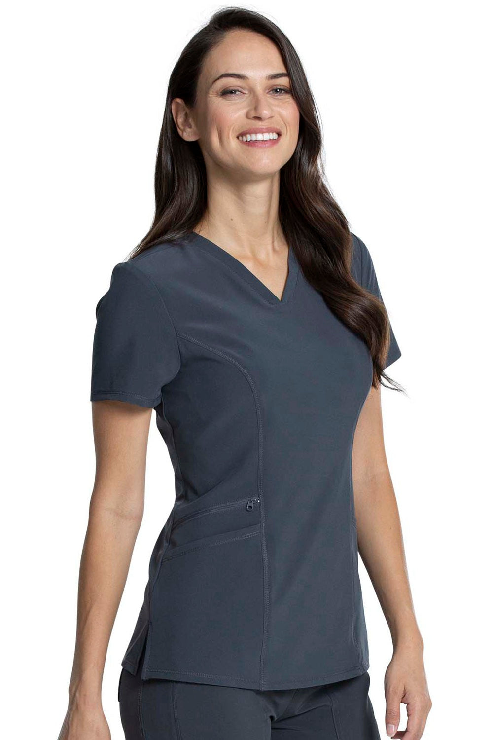 Cherokee Allura CKA684 V-Neck scrub top in Pewter Grey - 4-way stretch moisture-wicking medical scrubs for women healthcare professionals.