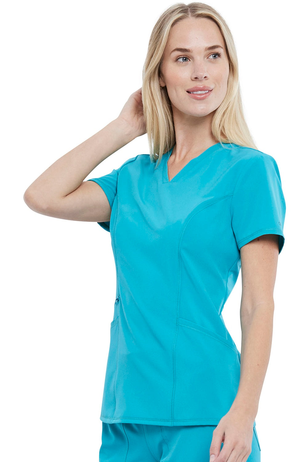 Cherokee Allura CKA684 V-Neck scrub top in Teal Blue - 4-way stretch moisture-wicking medical scrubs for women healthcare professionals.